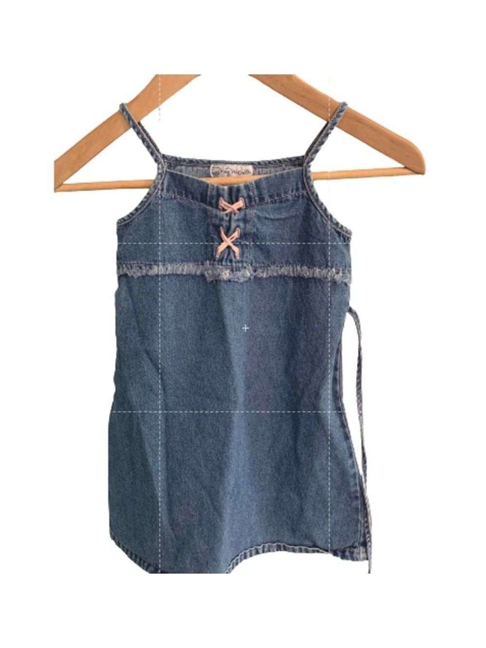 My Michelle Y2K Denim Jumper Dress Sleeveless Lace Up Frayed Fringe Size 6